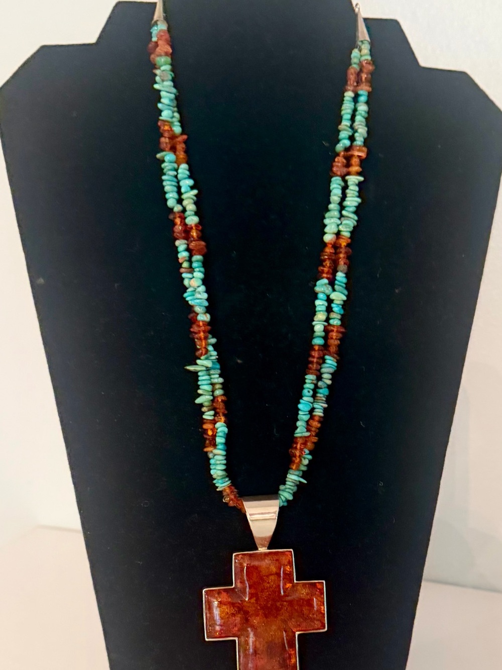 Vintage RARE Jay King DTR 925 Turquoise and Amber Cross Pendant Necklace